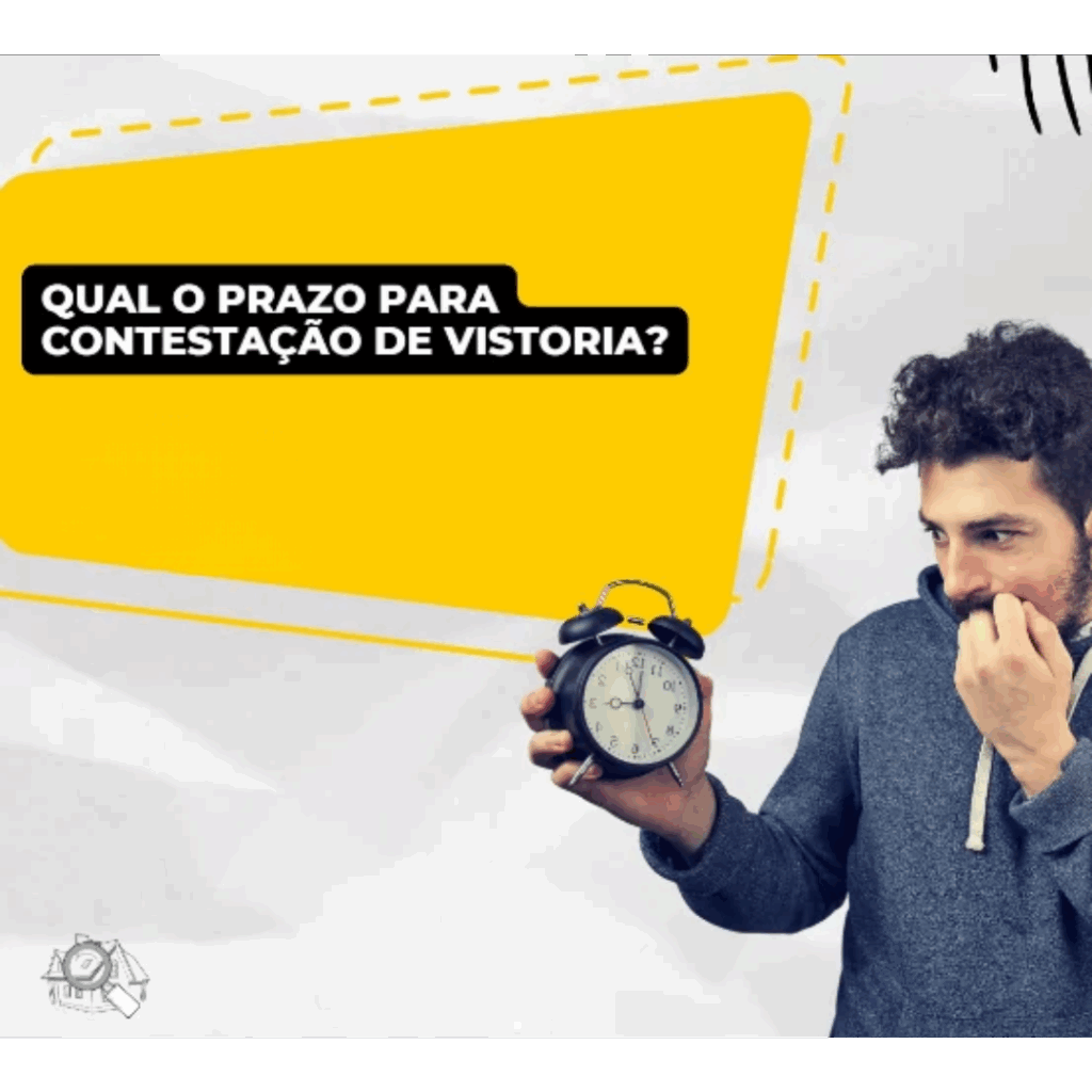 Homem segura um despertador e morde as unhas. Uma caixa amarela com texto em português pergunta: "Qual o prazo para contestação de vistoria?", fazendo referência aos prazos no Aplicativo de Vistorias para Imóveis.
